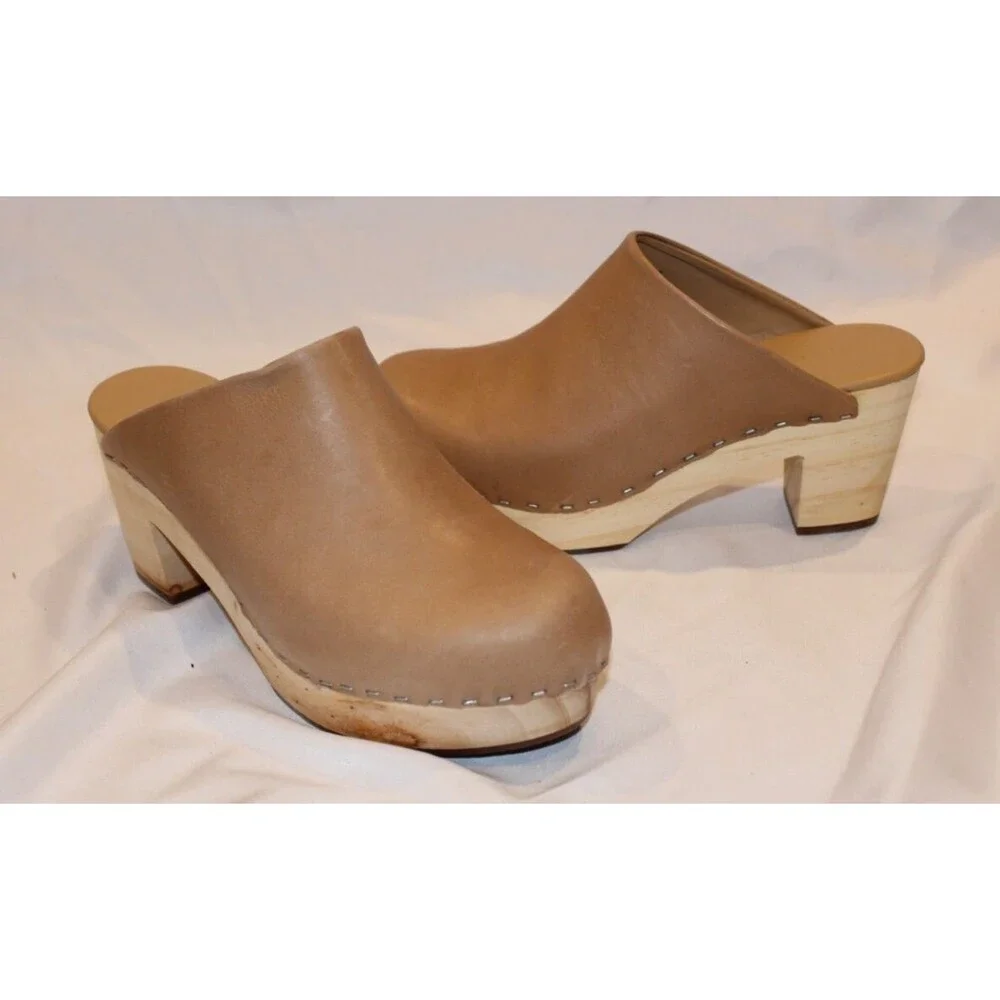 Nisolo Leather Closed Toe Slip On Wooden All Day Mule Heeled Clogs ALMOND - Picture 4 of 7